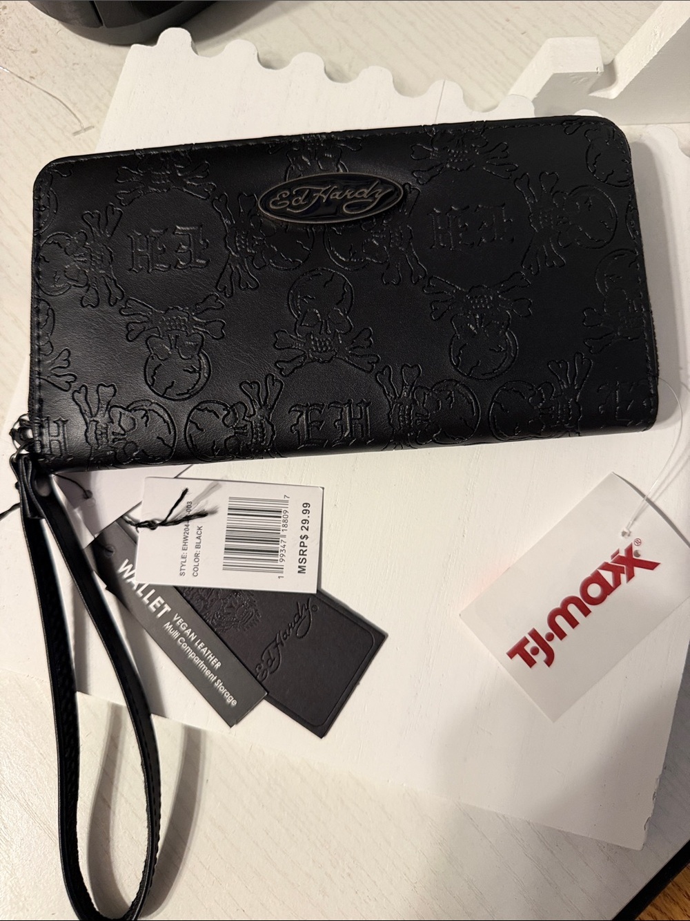 Ed Hardy Black Embossed Zip Wristlet Wallet with Logo Plaque